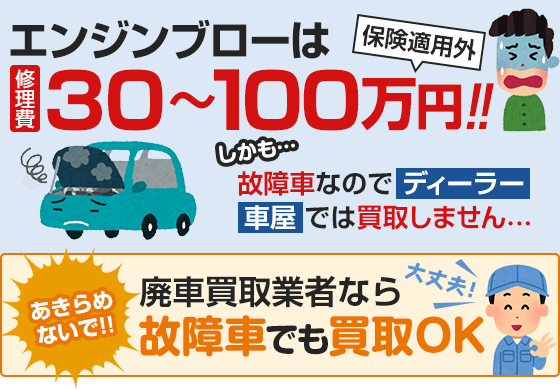 修理費は30~100万円。保険は適用外です。しかも、故障車なのでディーラー、車屋では買取しません。でも、あきらめないでください。廃車買取業者なら故障者でも買取してもらえます。