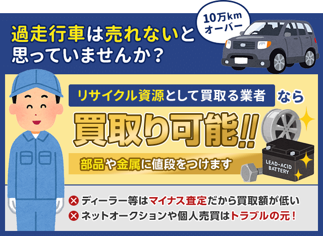 過走行車でもリサクルとして買い取る業者なら買い取ってくれます。